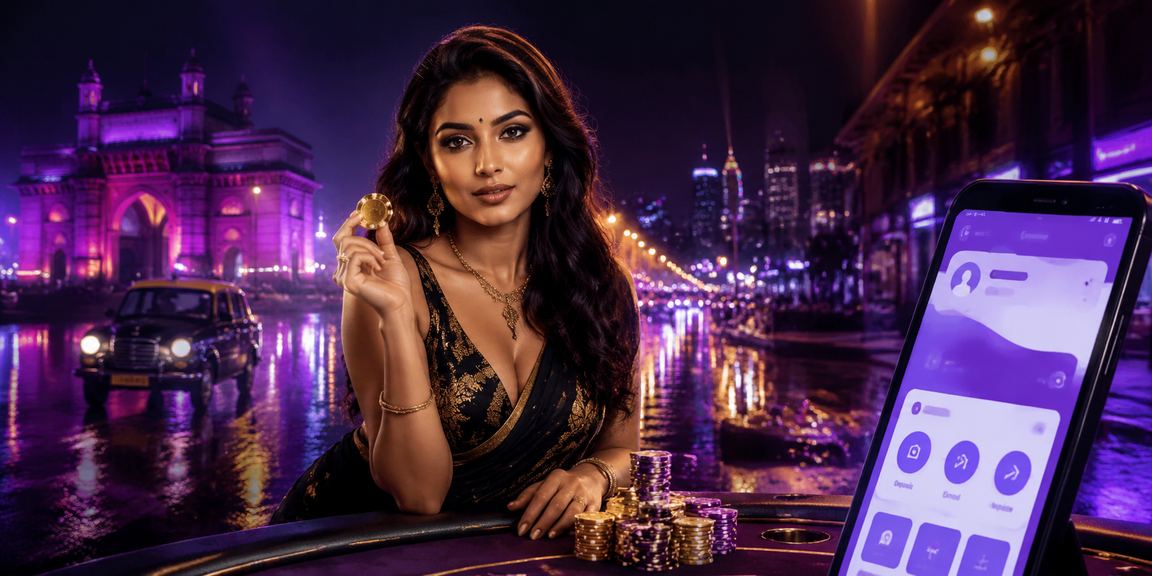 Mumbai city night view with mobile payment neon lights